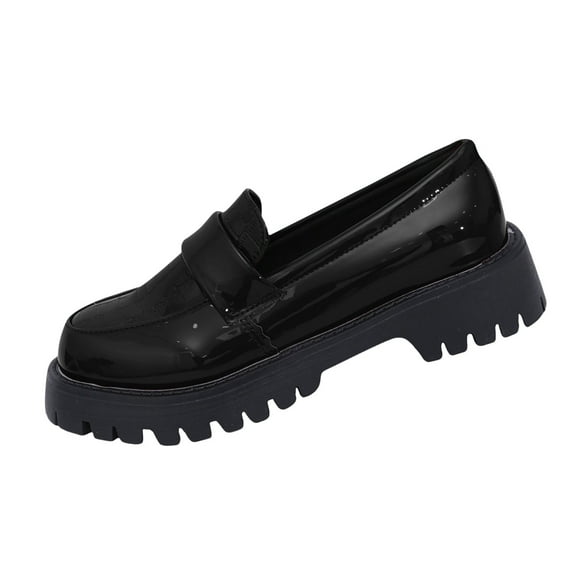 Wensltd Women's Patent Leather Loafers Chunky Sole British Retro Style Daily Wear