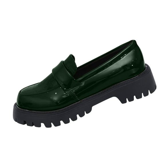 Wensltd Women's Patent Leather Loafers Chunky Sole British Retro Style Daily Wear