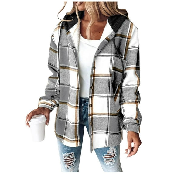 Wensltd Women's Plaid Long Sleeve Hooded Jacket Pockets Lined Warm Winter Coat Casual Outdoor Wear