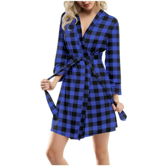 Wensltd Women's Plaid Nightgown Fashion Classic Sleep Robe Soft Breathable Spring Autumn Comfortable Knee Length Nightwear S-XXL