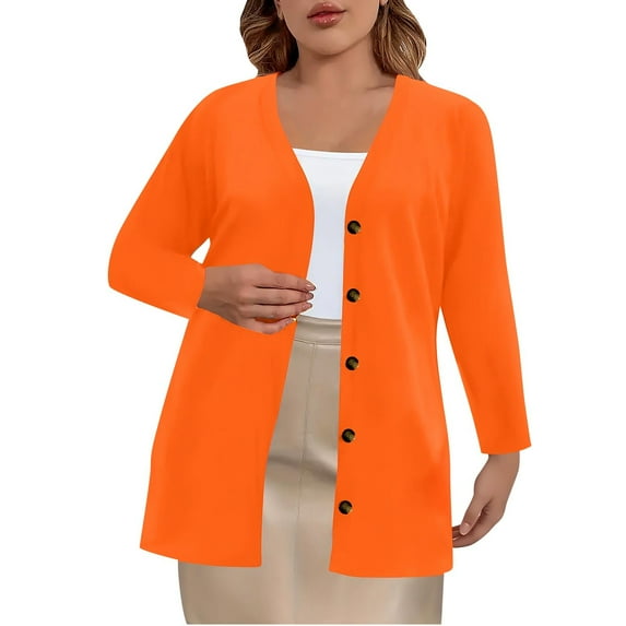 Wensltd Women's Plus Size Stretch Cardigan Jacket Solid Color Button Front Long Sleeve No Hood Casual Spring Fall