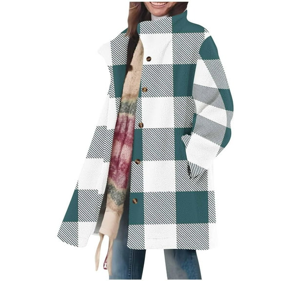 Wensltd Women's Quilted Fleece Jacket Lapel Collar Long Sleeve Spring Fall Plaid Coat Button Up