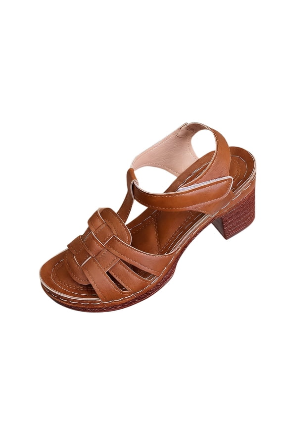 Women's Retro Sandals Block Heel Casual Fashion Sandals for Summer Solid Color Walking Sandals Brown