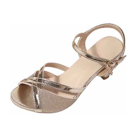 Wensltd Women's Round Toe Block Heel Sandals with Buckle Strap Dressy Fashion Sandals Comfortable Gold
