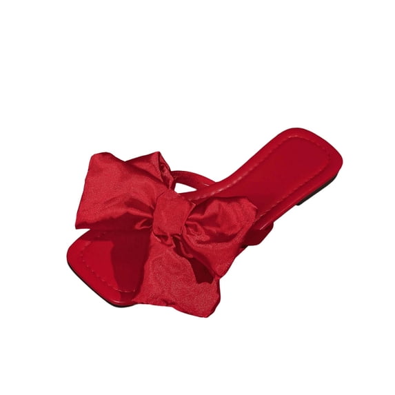 Wensltd Women's Sandals Summer Fashion Casual Plus Size Square Toe Sandals Bow Decor Solid Color Flat Slippers Trendy Red