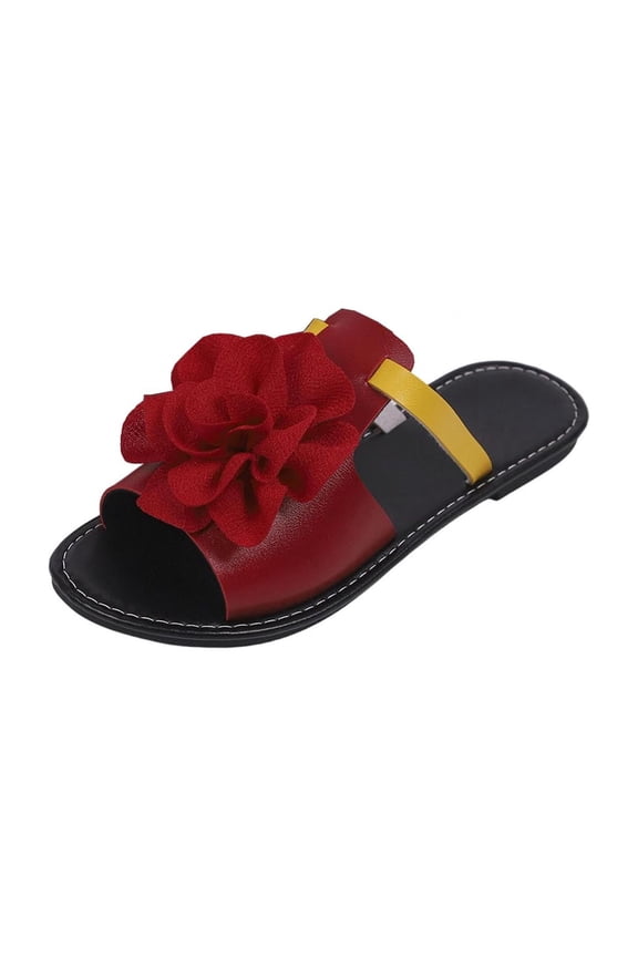 Women's Sandals Trendy Floral Patchwork Flat Sandals Lightweight Comfortable Breathable Dressy Sandals Red