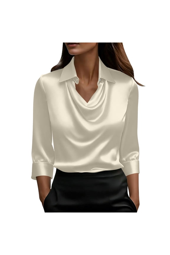 Women's Satin Silk Blouses Cowl Neck 3/4 Sleeve Solid Color Elegant Dressy Top for Office Party Evening Wear Beige L