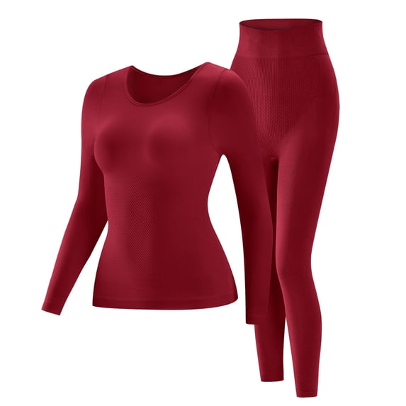 Wensltd Women's Seamless Long Sleeve Pajama Set Crewneck Thermal Top and Pants for Winter Soft Warm Solid Color Sleepwear