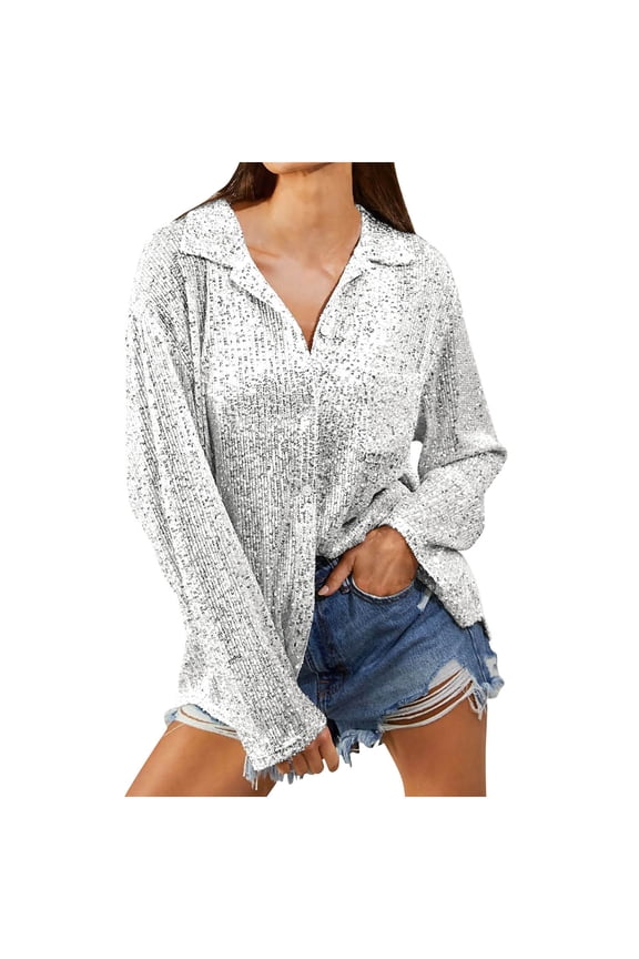 Women's Sequin Long Sleeve Shirt with Pocket Button-Down Collar Classic Fit Casual Style Party Top