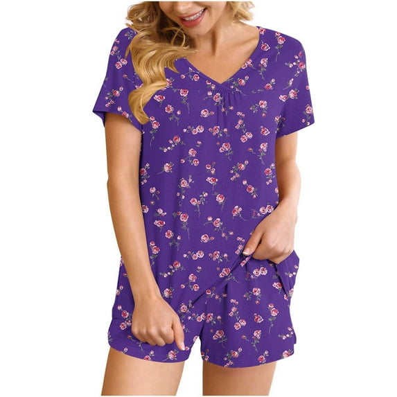 Wensltd Women's Short Sleeve Pajama Set 2 Piece V Neck Top with Pocket Shorts Soft Comfy Summer Home Wear Sleepwear