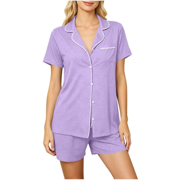 Wensltd Women's Short Sleeve Pajama Set with Notched Collar and Matching Shorts Comfortable Summer Nightwear