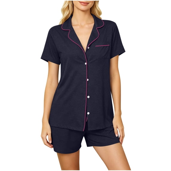 Wensltd Women's Short Sleeve Pajama Set with Notched Collar and Matching Shorts Comfortable Summer Nightwear