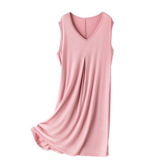 Wensltd Women's Sleepshirt Knee Length V Neck Solid Color Loose Comfortable Sleeveless Midi Length Soft Nightwear for Casual Home Pink