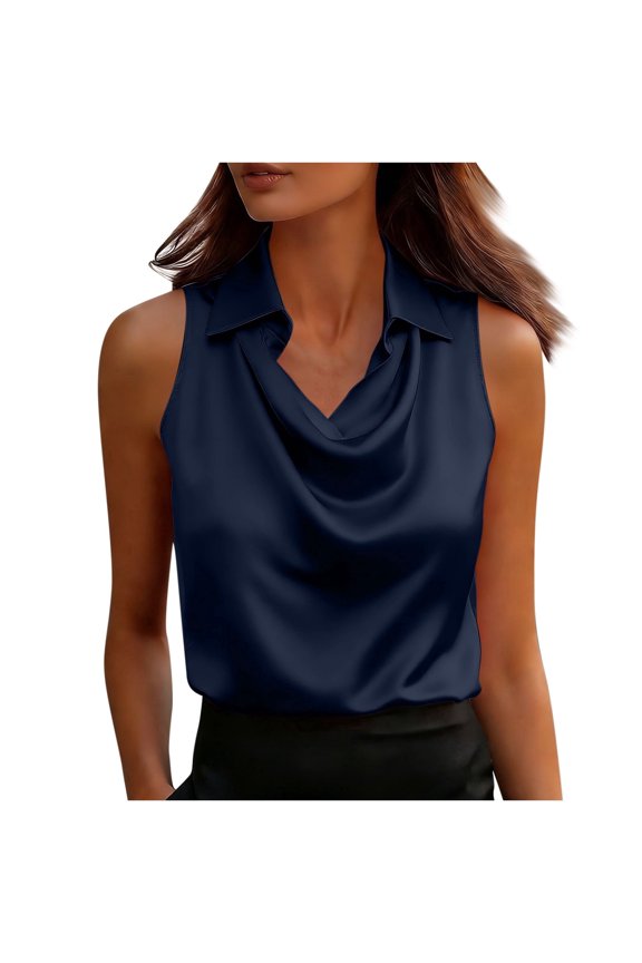 Women's Sleeveless Top Trendy Solid Color Satin Blouse Colla Cowl Neck Elegant Blouse for Office Party Navy S