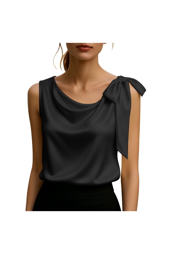 Women's Sleeveless Top Trendy Solid Color Satin Blouse Tunic Elegant Blouse for Office Party Black S