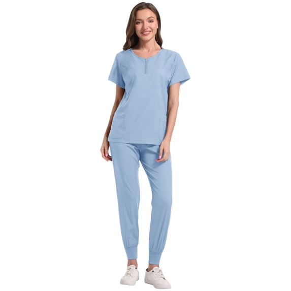 Wensltd Women's Slim-Fit Scrub Sets Stretch Top and Jogger Pants with Multi-Pocket Yoga Waistband