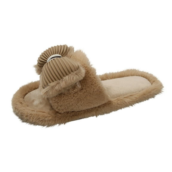 Wensltd Women's Slippers Winter Indoor Outdoor Plush Bow Decoration Elegant Cozy Flat Slippers
