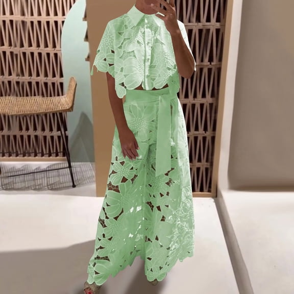 Wensltd Women's Solid Color Hollow Cardigan Top Wide Leg Pants Two-piece Set