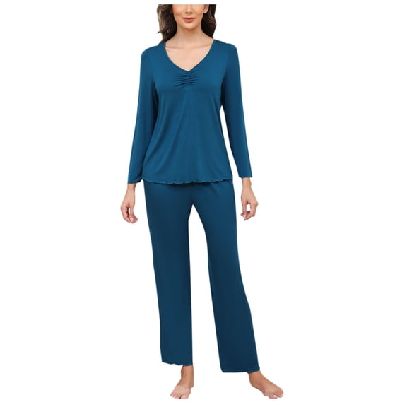 Wensltd Women's Solid Color V-Neck Ruffled Long Sleeve Top Pajama Set Loose Fit Soft Comfortable Sleepwear Outfit