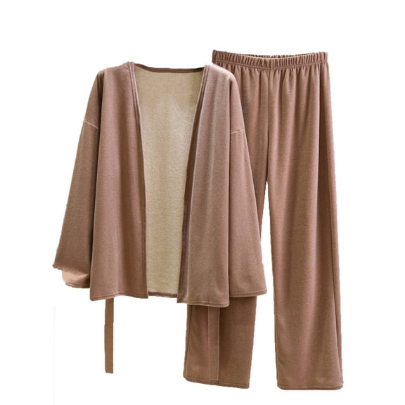 Wensltd Women's Solid Color Velvet Loungewear Set Long Sleeve Cardigan Shirt and Pants Relaxed Fit Sleepwear Gray