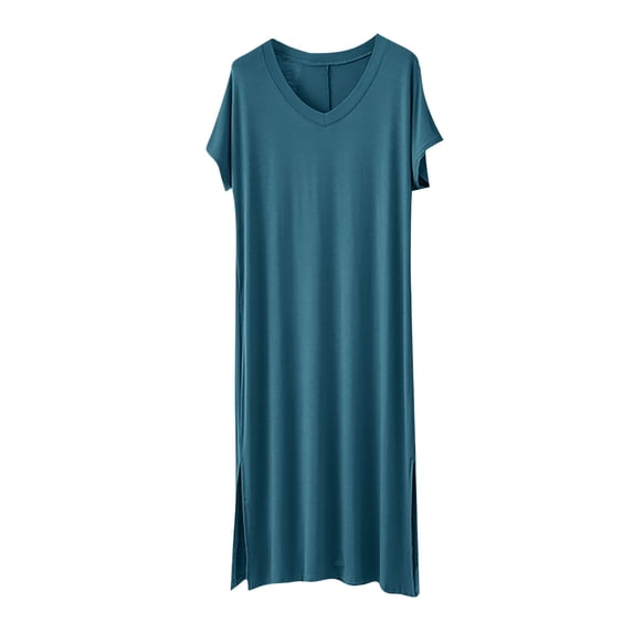 Wensltd Women's Spring Summer Sleepshirt V Neck Solid Color Short Sleeve Loose Comfortable Midi Length Soft Breathable Nightwear Green