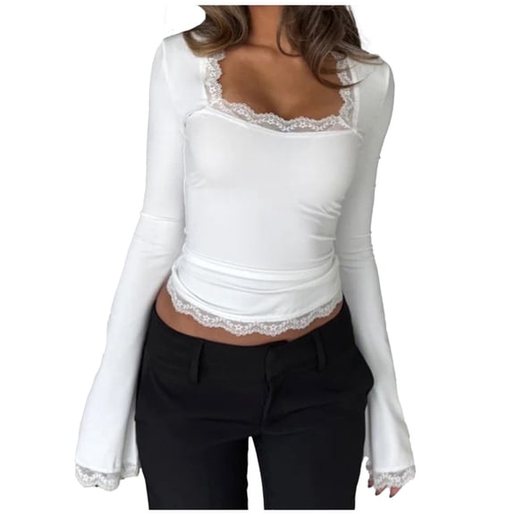 Wensltd Women's Square Neck Long Sleeve Tops Solid Color Slim Fit Casual Blouse Elegant Basic Versatile Outfit