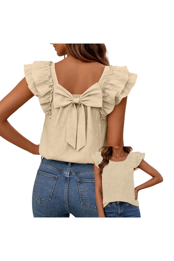 Women's Square Neck Ruffle Sleeve Bow Back Blouse Soft Lightweight Comfy Casual Tops for Spring and Summer