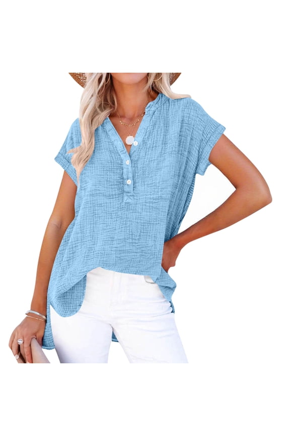 Women's Summer Blouse V Neck Solid Color Button Front Short Sleeve Trendy Top Loose Fit Tunic Tops Blue L
