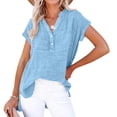 thumbnail image 1 of Wensltd Women's Summer Blouse V Neck Solid Color Button Front Short Sleeve Trendy Top Loose Fit Tunic Tops Blue XL, 1 of 5