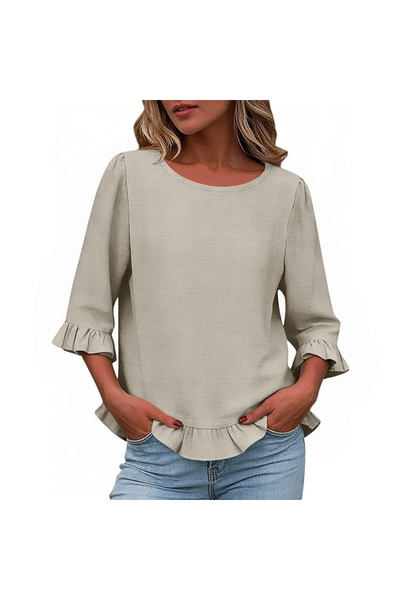 Women's Summer Tops Trendy 3/4 Sleeve Solid Color Casual Pullover Loose Fit Shirts Crew Neck Basic Blouses White XXL