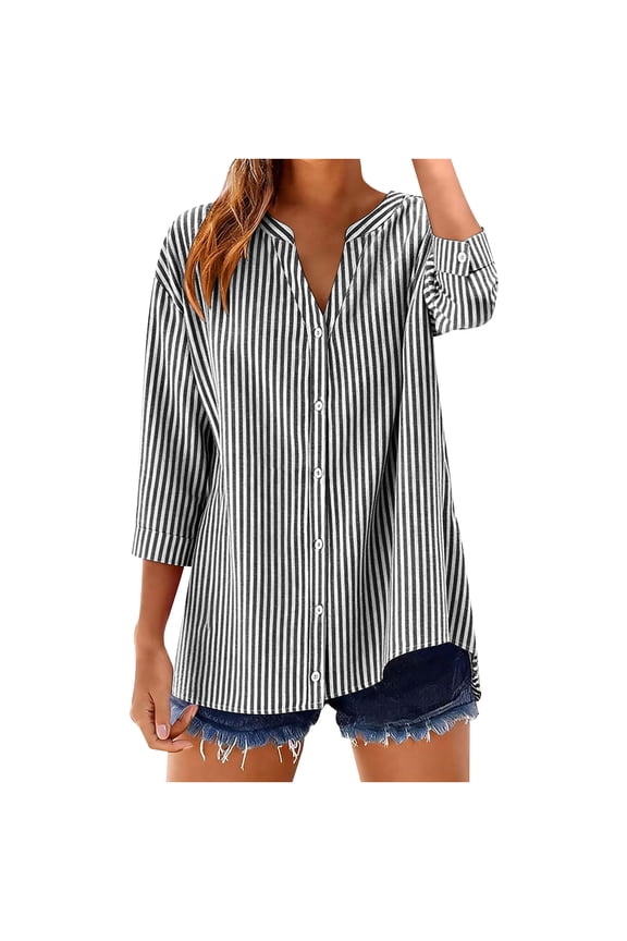 Women's Top Cotton Linen Blouse Plus Size 3/4 Sleeve Button Down V Neck Shirt for Women Loose Fit Top