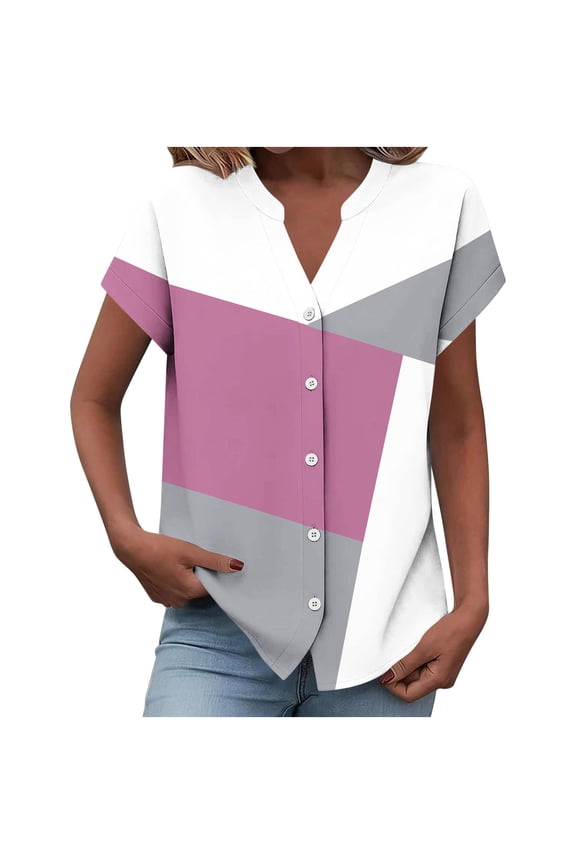 Women's Tops Notch Neck Gradient Print Button Detail Short Sleeve Soft Lightweight Comfy Blouse