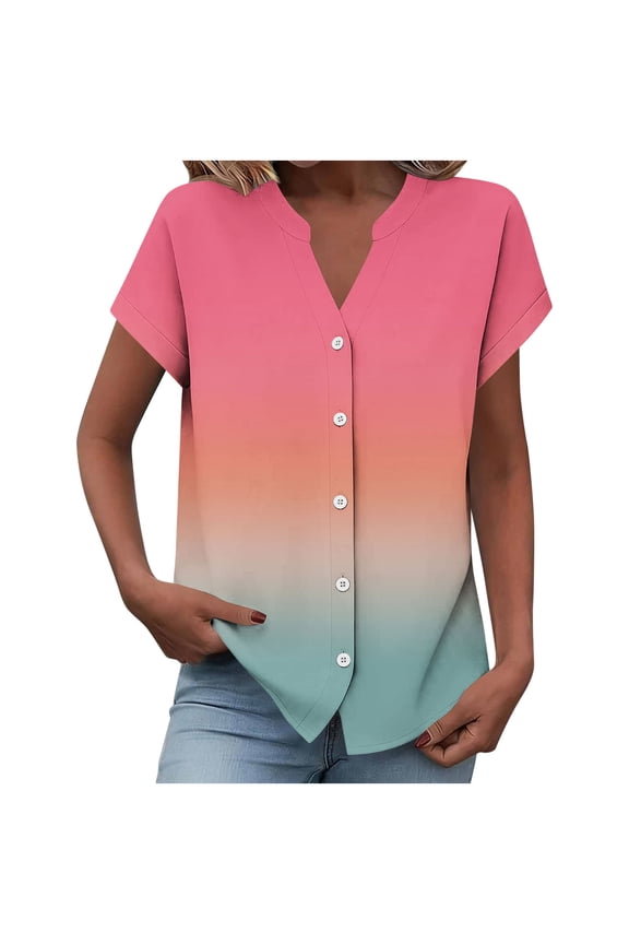 Women's Tops Notch Neck Gradient Print Button Detail Short Sleeve Soft Lightweight Comfy Blouse