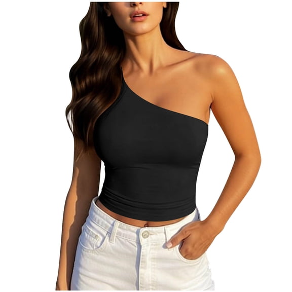 Wensltd Women's Trendy Party Tops Solid Color One Shoulder Base Layer Camisole Tops Summer S-XXL