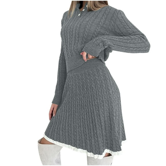 Wensltd Women's Two Piece Skirt Sets Dressy Casual Knit Long Sleeve Crewneck Tops and Dresses Set Fall Outfits