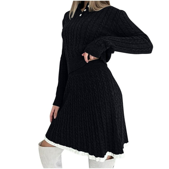 Wensltd Women's Two Piece Skirt Sets Dressy Casual Knit Long Sleeve Crewneck Tops and Dresses Set Fall Outfits