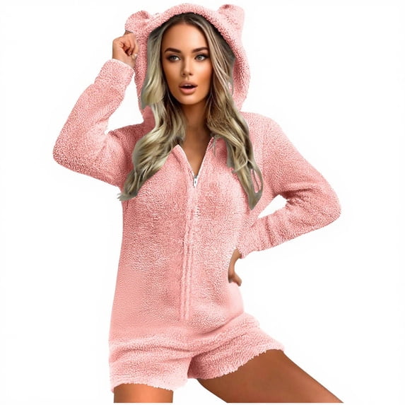 Wensltd Women's Warm Hooded Design Onesie Shorts Zip-Up Jumpsuit with Pockets Cozy Fleece Sleepwear Casual Winter Indoor Outfit Solid Color