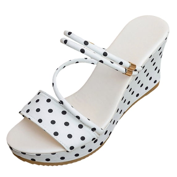 Wensltd Women's Wedge Sandals Polka Dot Print Open Toe Buckle Straps Thick Soled Slippers Fashion Summer White