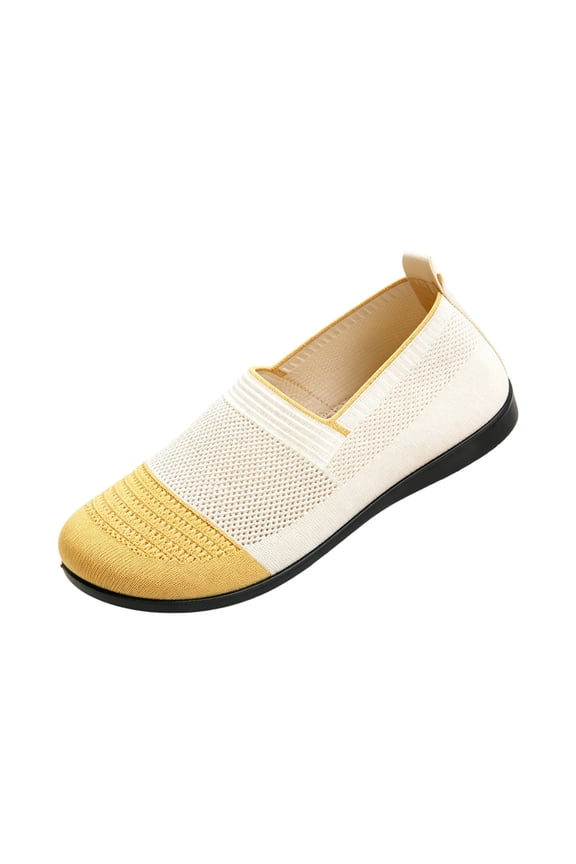 Women's Wide Width Flat Shoes Hollow Knit Upper Spring Summer Daily Soft Walking Shoes Yellow