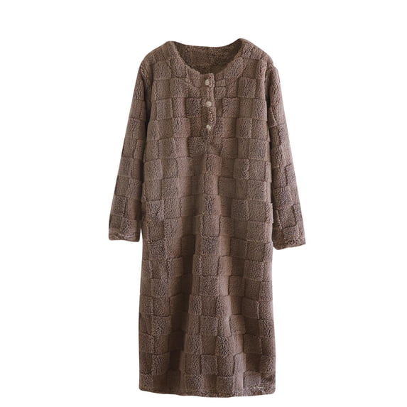 Wensltd Women's Winter Fleece Lined Nightdress Warm Long Sleeve Round Neck Mid-length Sleep Dress for Evenings
