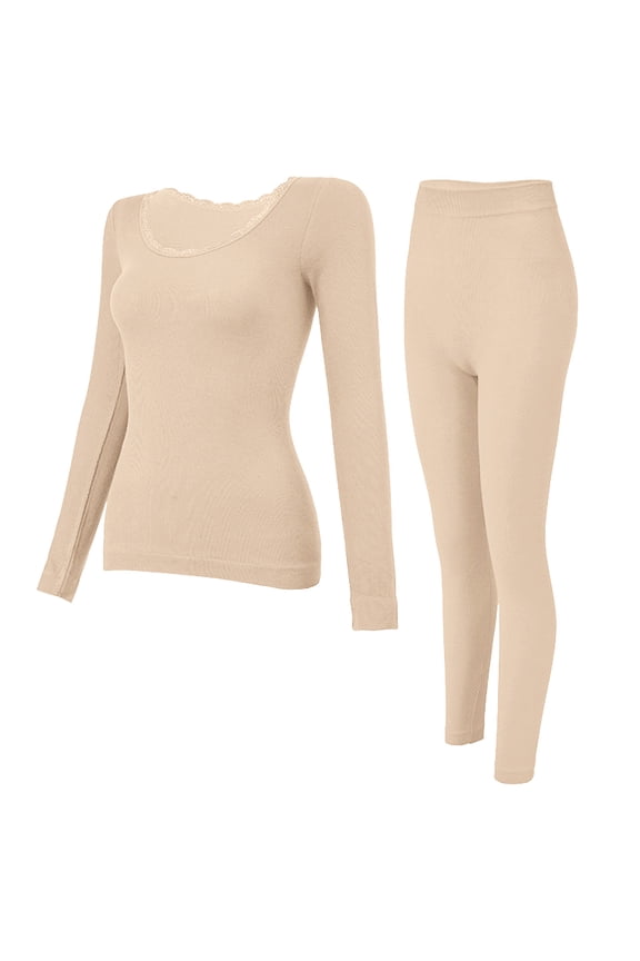 Women's Winter Seamless Thermal Underwear Set Round Neck Long Sleeve Tight Fit Warm Clothing