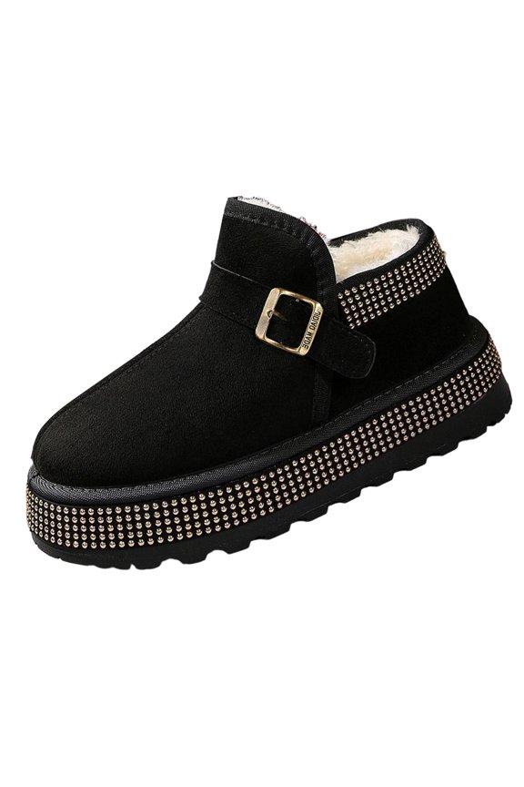 Womens Buckle Strap Snow Boots Suede Chunky Sole Round Toe Solid Color Retro Style Winter Boots