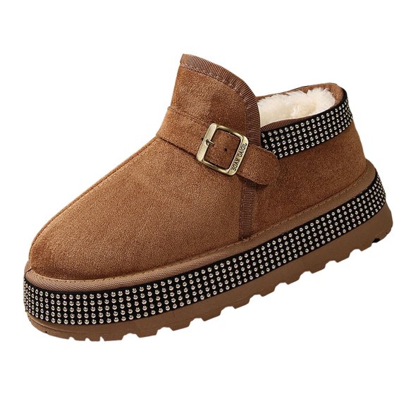 Wensltd Womens Buckle Strap Snow Boots Suede Chunky Sole Round Toe Solid Color Retro Style Winter Boots