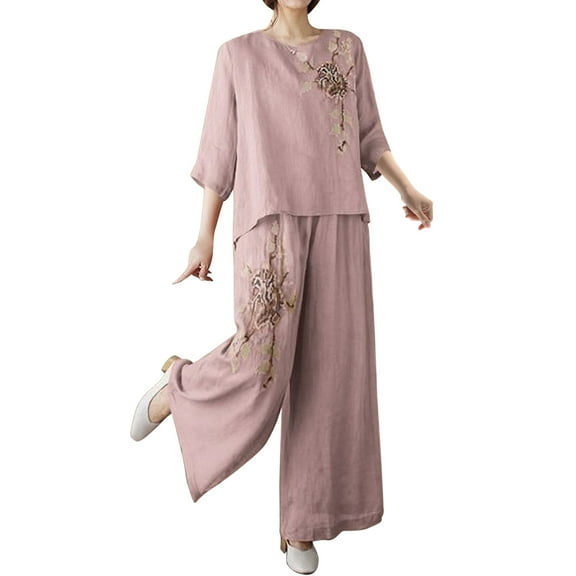 Wensltd Womens Embroidery Set Fashion Shirt Lightweight Wide Leg Pants Two Piece Set