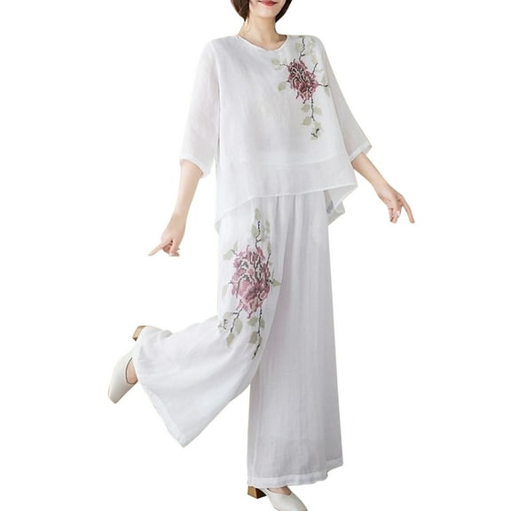 Wensltd Womens Embroidery Set Fashion Shirt Lightweight Wide Leg Pants Two Piece Set