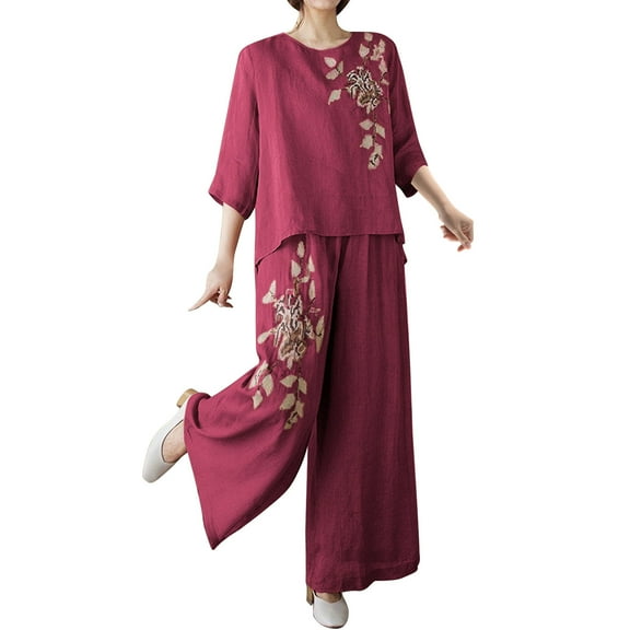 Wensltd Womens Embroidery Set Fashion Shirt Lightweight Wide Leg Pants Two Piece Set