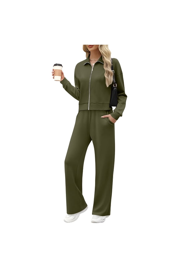 Womens Fall 2 Piece Outfits Sweatsuit Sets V Neck Top Fashion Sweatpants with Pockets