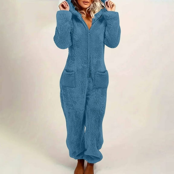 Wensltd Womens Fleece Pajamas Jumpsuit Warm Sleepwear One Piece Zipper Loungewear
