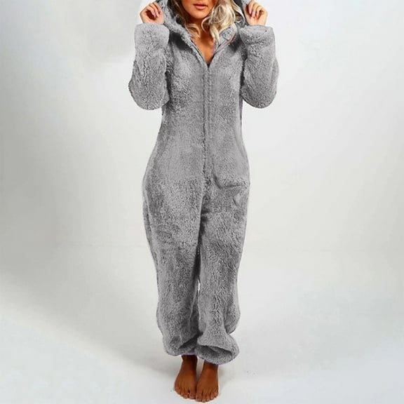 Wensltd Womens Fleece Pajamas Jumpsuit Warm Sleepwear One Piece Zipper Loungewear