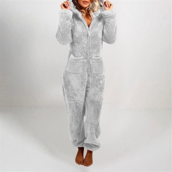 Wensltd Womens Fleece Pajamas Jumpsuit Warm Sleepwear One Piece Zipper Loungewear